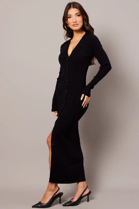 Black Knit Dress Long Sleeve Button Front