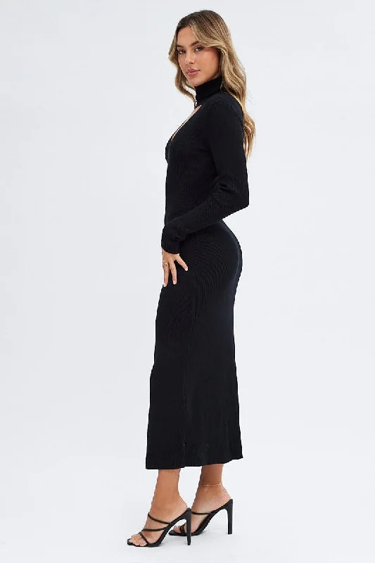 Black Knit Dress Long Sleeve High Neck Cut Out