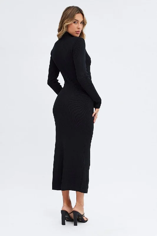 Black Knit Dress Long Sleeve High Neck Cut Out