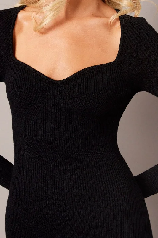 Black Knit Dress Long Sleeve Sweet Heart Neck