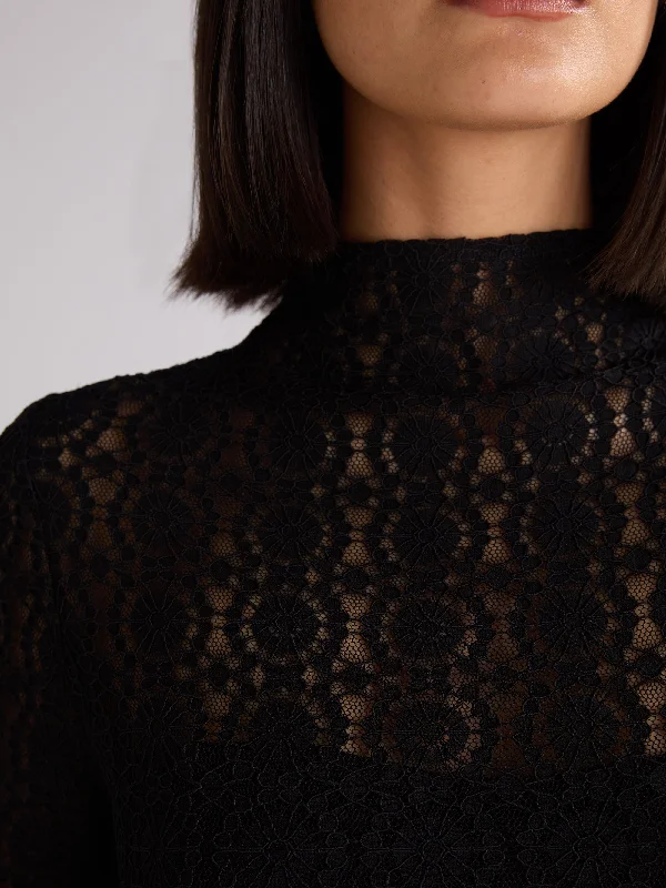 Black Lace High Neck Midi Dress