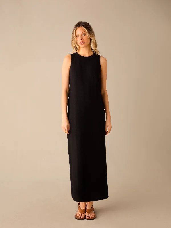 Black Linen-blend Tie Waist Column Midi Dress