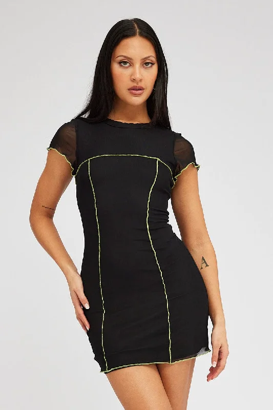 Black Mini Dress Cap Sleeve Crew Neck Bodycon Mesh