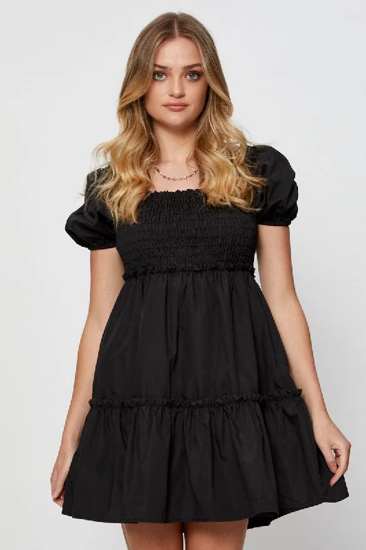 Black Mini Dress Short Sleeve Square Neck