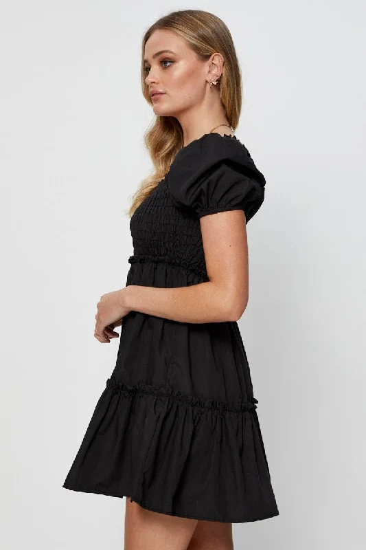 Black Mini Dress Short Sleeve Square Neck