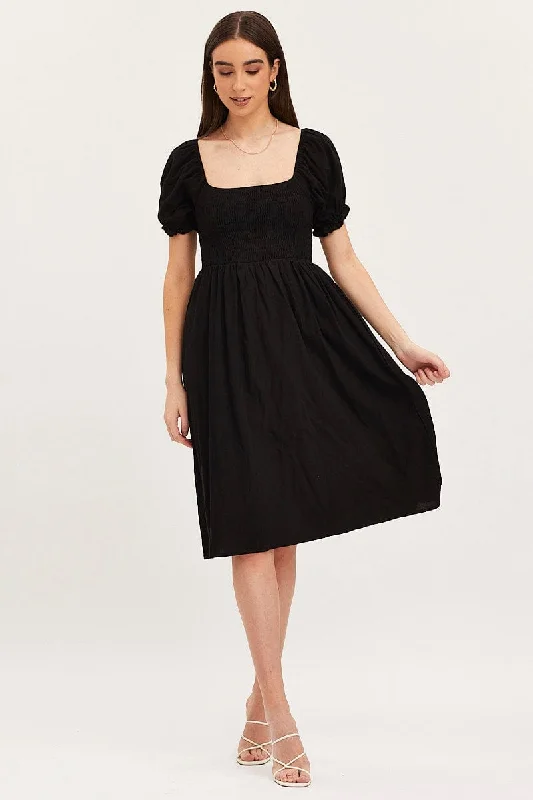 Black Mini Dress Short Sleeve Square Neck