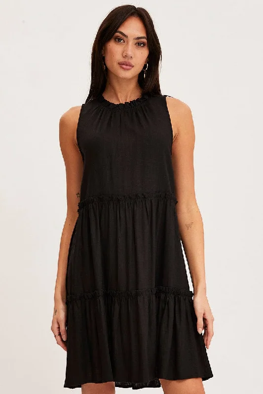 Black Mini Dress Sleeveless Round Neck