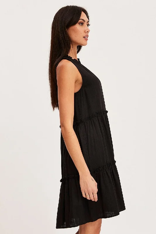 Black Mini Dress Sleeveless Round Neck