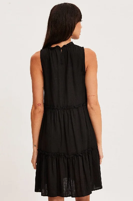 Black Mini Dress Sleeveless Round Neck