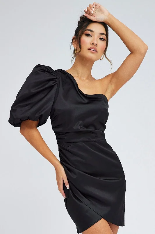 Black One Shoulder Puff Sleeve Statement Dress