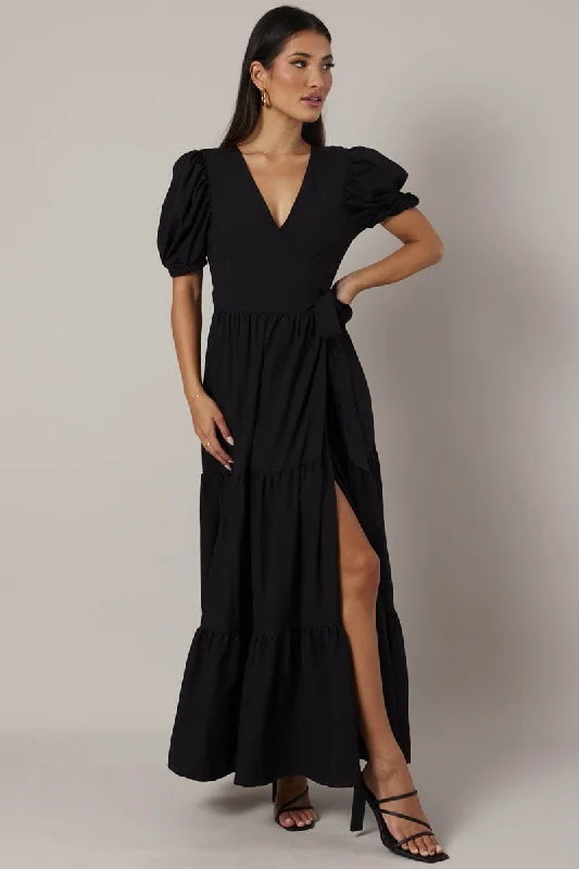 Black Puff Sleeve Maxi Dress Wrap Tiered Dress