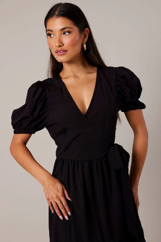 Black Puff Sleeve Maxi Dress Wrap Tiered Dress