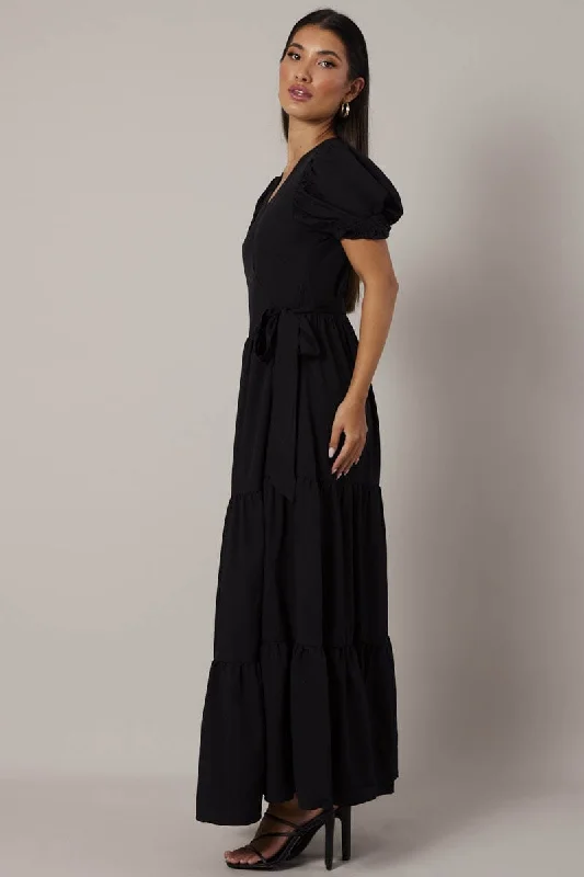 Black Puff Sleeve Maxi Dress Wrap Tiered Dress