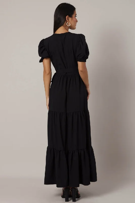 Black Puff Sleeve Maxi Dress Wrap Tiered Dress