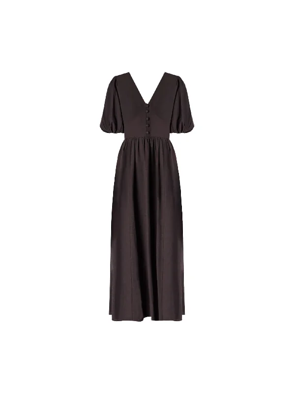 Cara Black Linen-blend Puff Sleeve V-Neck Midi Dress