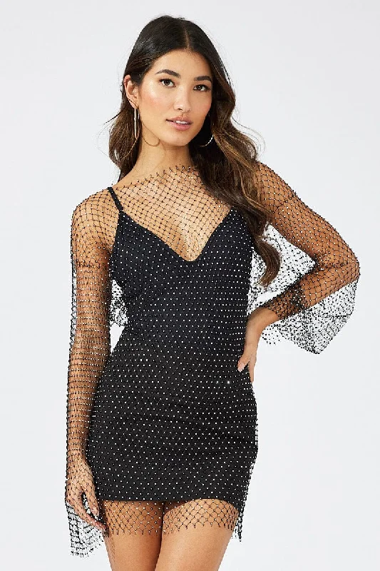 Black Rhinestone Mesh Fishnet Dress