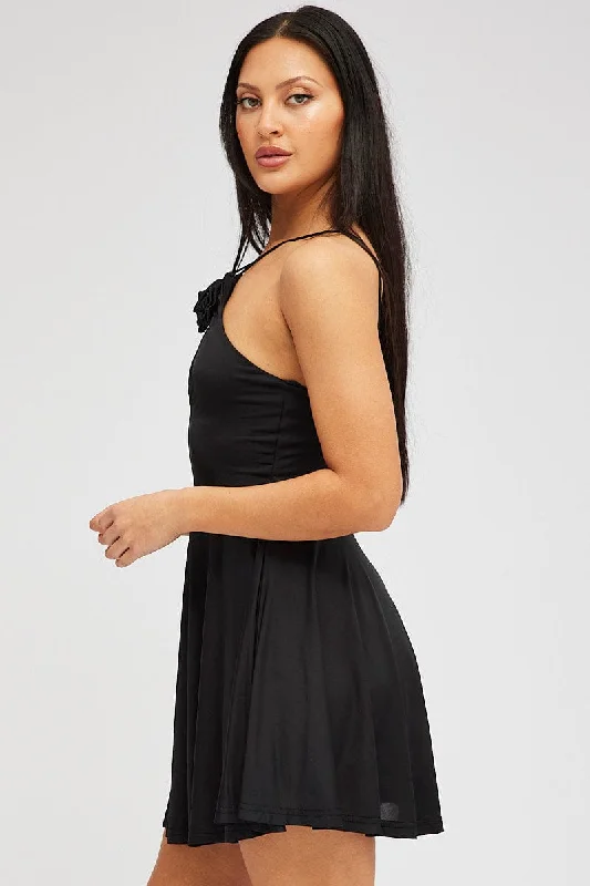 Black Rose Flower Dress Keyhole Strappy Swishy Dress