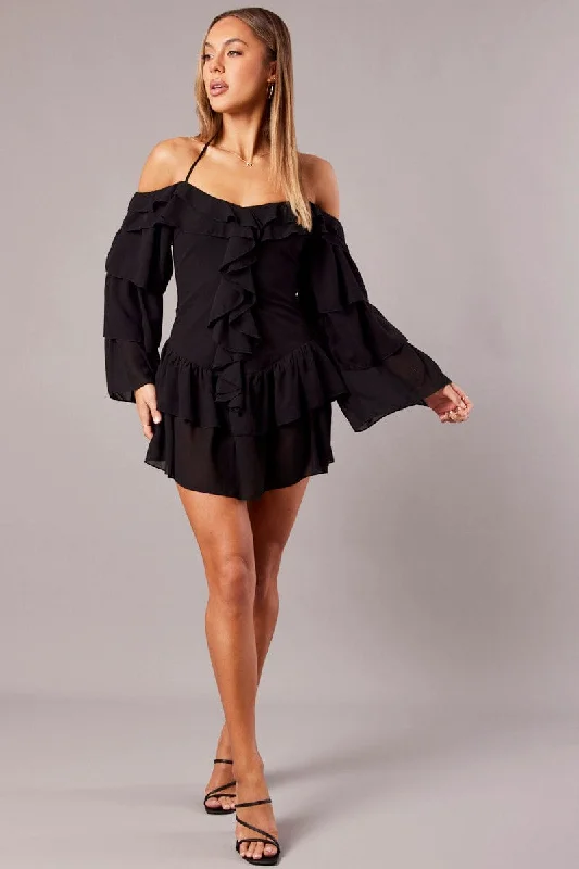 Black Ruffle Dress Bardot Layered Frill Sleeve Dress