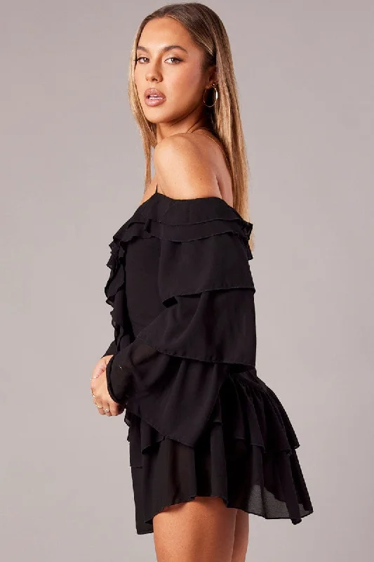 Black Ruffle Dress Bardot Layered Frill Sleeve Dress