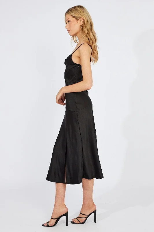 Black Satin Dress Cocktail Split Side Strappy