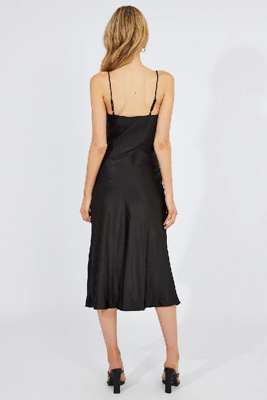 Black Satin Dress Cocktail Split Side Strappy