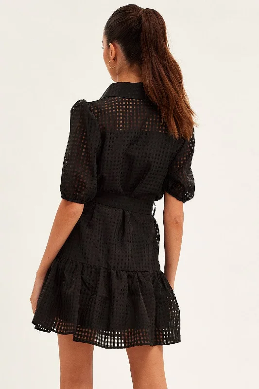 Black Shirts Dress Collard Half Sleeve Mini Dress