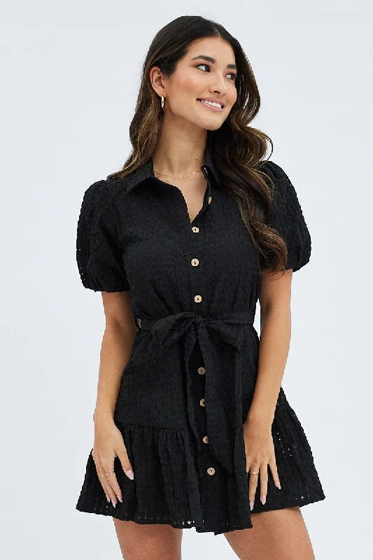 Black Shirts Dress Puff Sleeve Mini