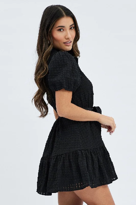 Black Shirts Dress Puff Sleeve Mini