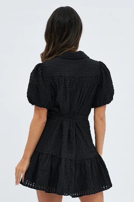 Black Shirts Dress Puff Sleeve Mini