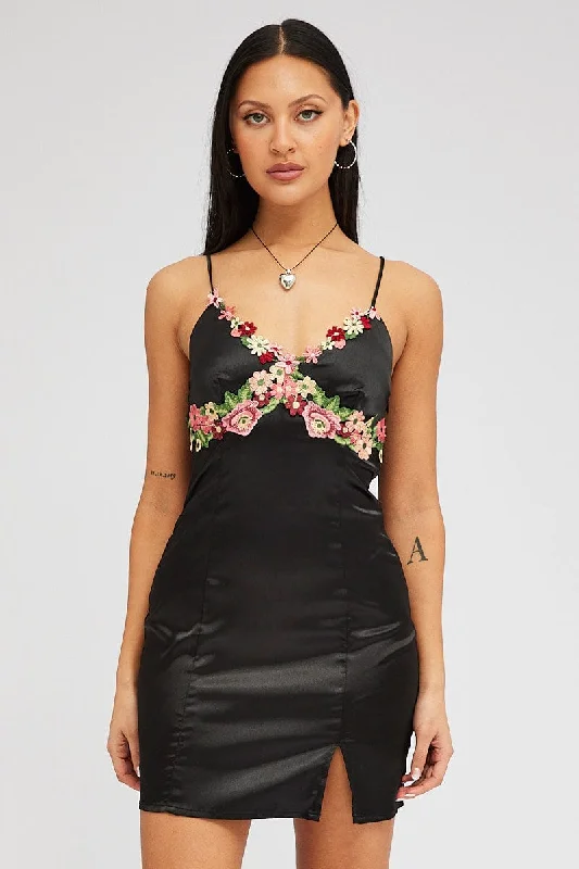 Black Slip Dress Satin Flower Embroidery Applique