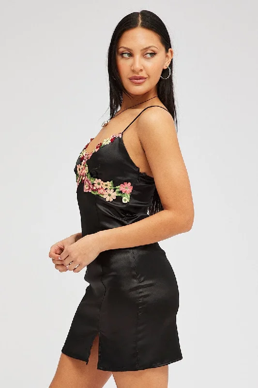 Black Slip Dress Satin Flower Embroidery Applique