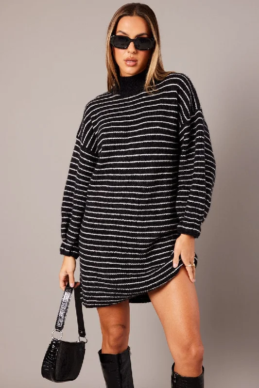 Black Stripe Knit Dress Long Sleeve Turtleneck Oversized