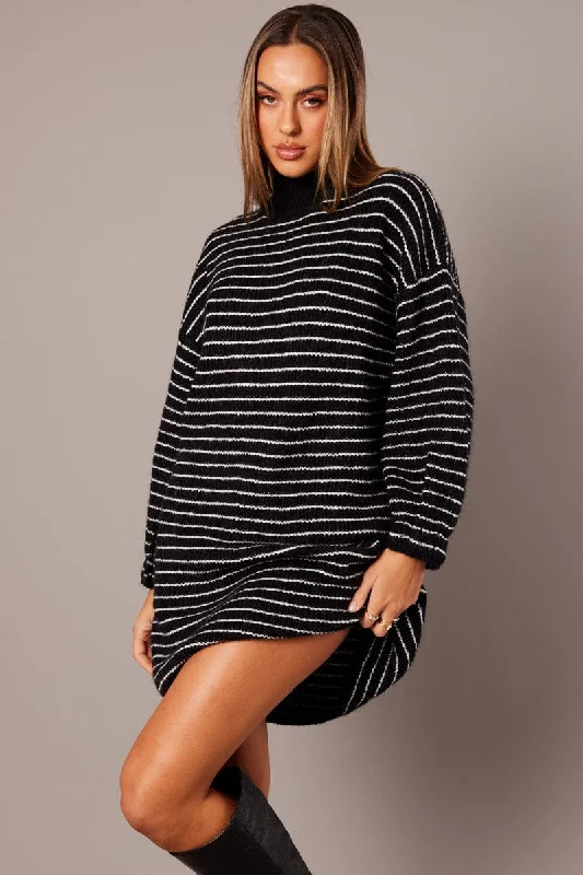 Black Stripe Knit Dress Long Sleeve Turtleneck Oversized