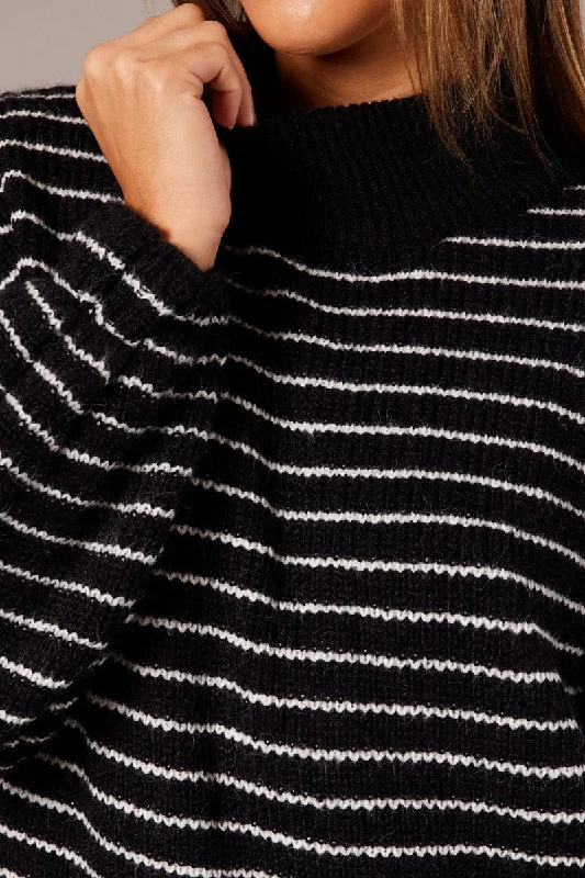 Black Stripe Knit Dress Long Sleeve Turtleneck Oversized