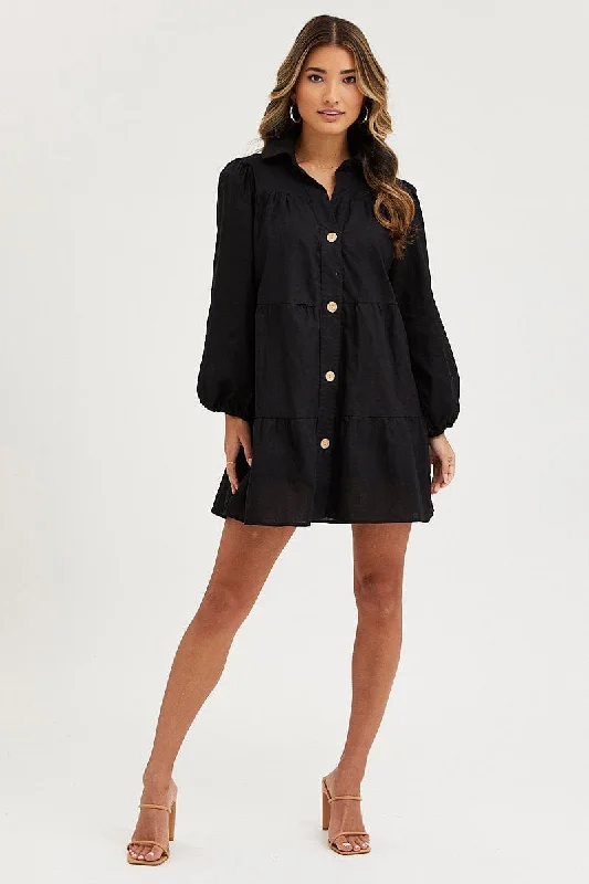 Black Tiered Dress Long Sleeve Mini