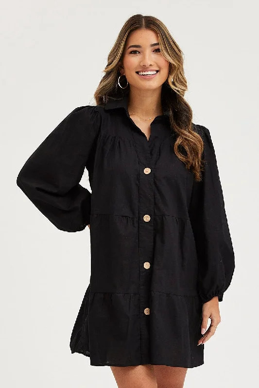 Black Tiered Dress Long Sleeve Mini