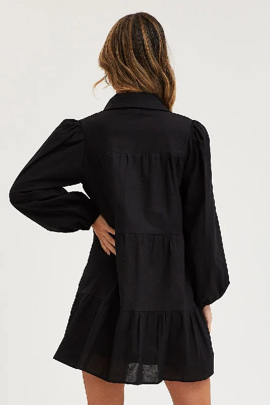 Black Tiered Dress Long Sleeve Mini