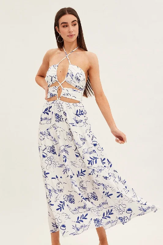 Blue Abstract Cut Out Maxi Dress