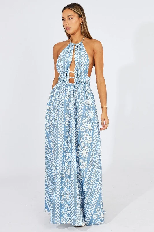 Blue Abstract Maxi Dress Halter Neck