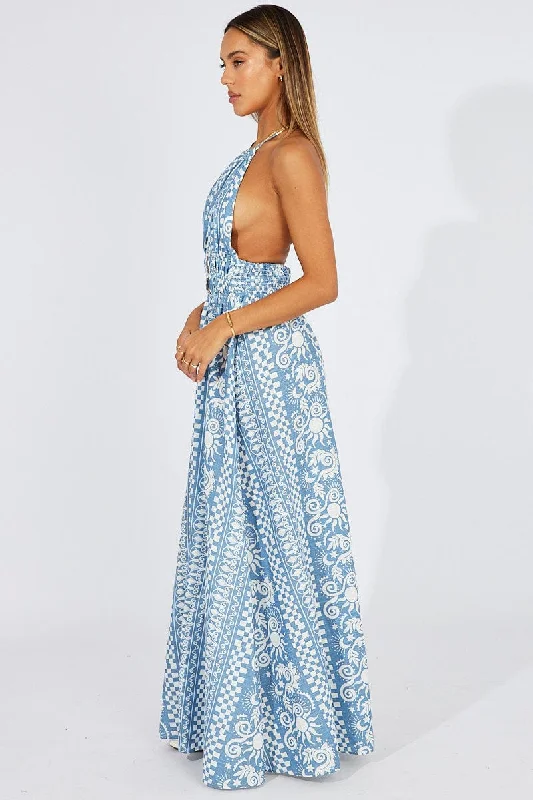 Blue Abstract Maxi Dress Halter Neck