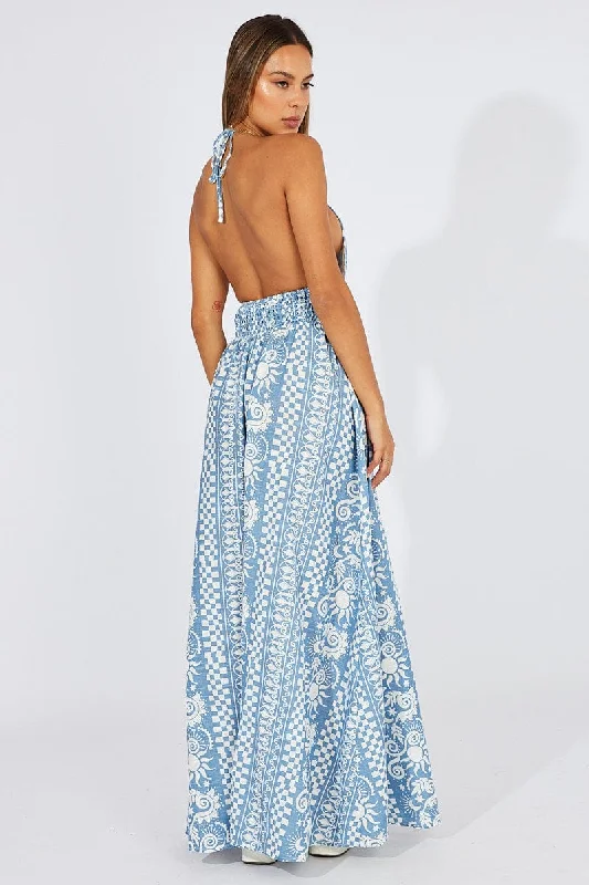 Blue Abstract Maxi Dress Halter Neck