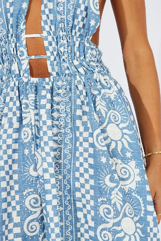 Blue Abstract Maxi Dress Halter Neck