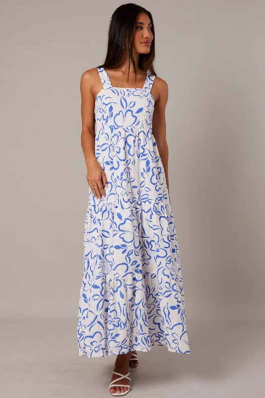 Blue Abstract Maxi Dress Sleeveless Tiered