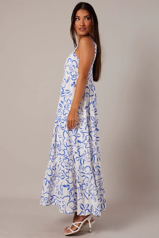 Blue Abstract Maxi Dress Sleeveless Tiered