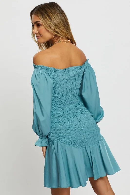 Blue Designer Shirred Of The Shoulder Ruffle Dress