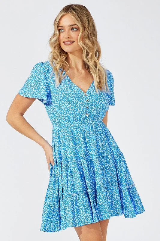 Blue Ditsy Fit And Flare Dress V-neck Mini