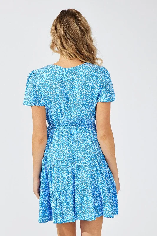 Blue Ditsy Fit And Flare Dress V-neck Mini