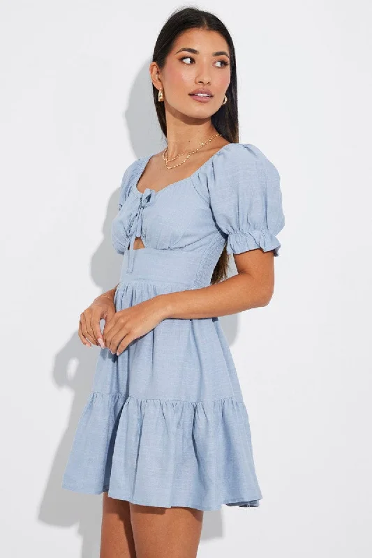 Blue Fit and Flare Dress Short Sleeve Linen Blend