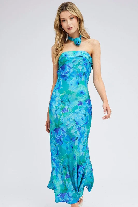 Blue Floral Bandeau Strapless Maxi Dress Rosette Choker