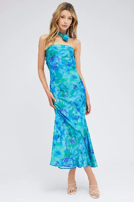 Blue Floral Bandeau Strapless Maxi Dress Rosette Choker